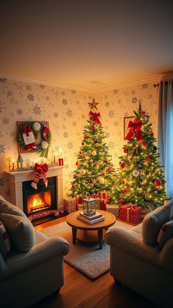 Festive Christmas Wallpaper Designs A cozy living room with cute Christmas wallpaper, decorated with snowflakes and trees, showcasing a festive atmosphere.